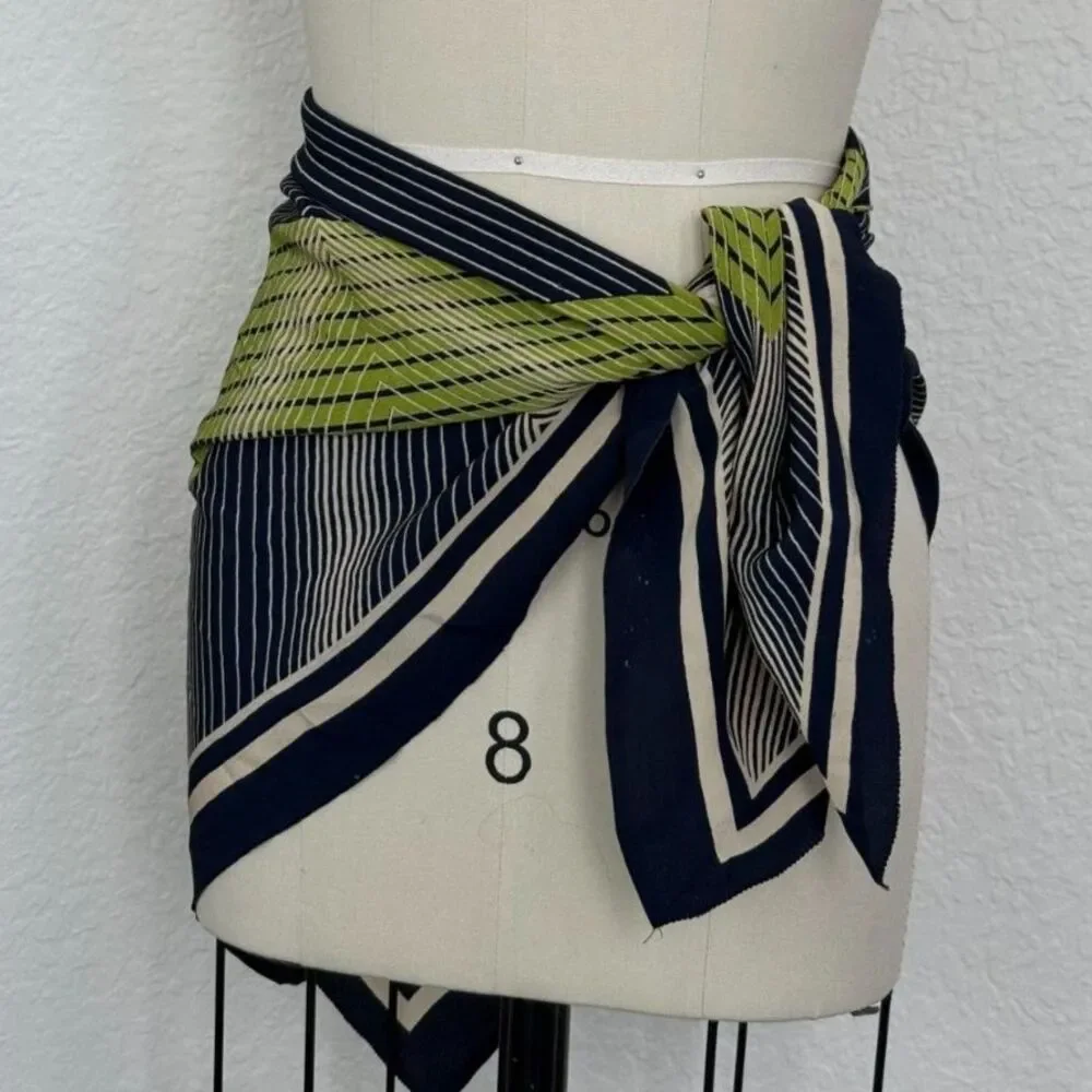 Navy Green Geometric Square Scarf Multi Wear Halter Neck Head Wrap Striped